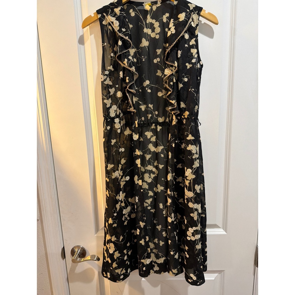 Vintage Sheer Floral Ruffle Open Front Vest Duster Cover Up Black Cream Small